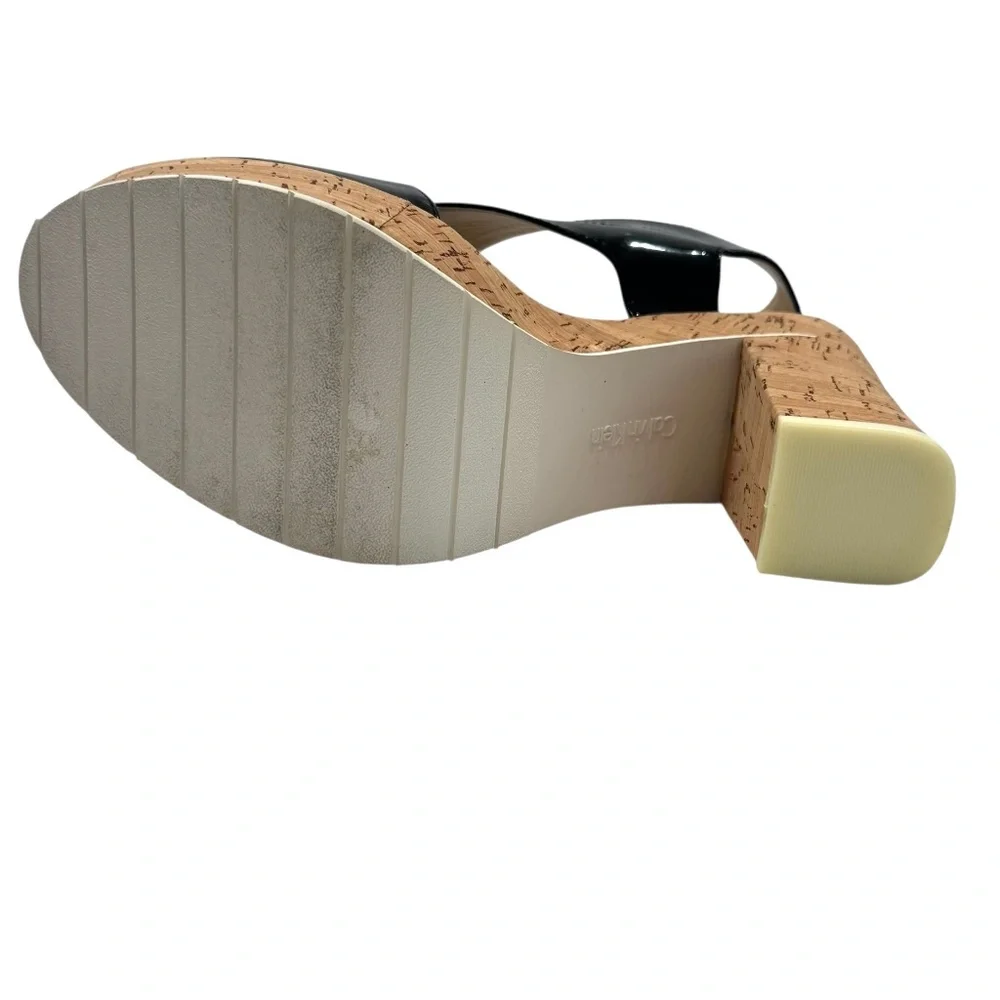 CALVIN KLEIN TAMRA BLACK PATENT & CORK PLATFORM HEELED SANDALS
